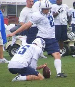 Craig Hentrich holds for Rob Bironas' kick. Photo by Andrew Strickert for Total Titans