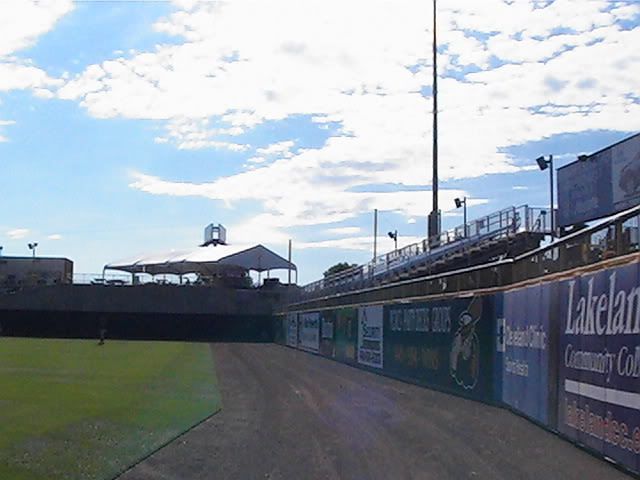 A view from center field of the left field warning track