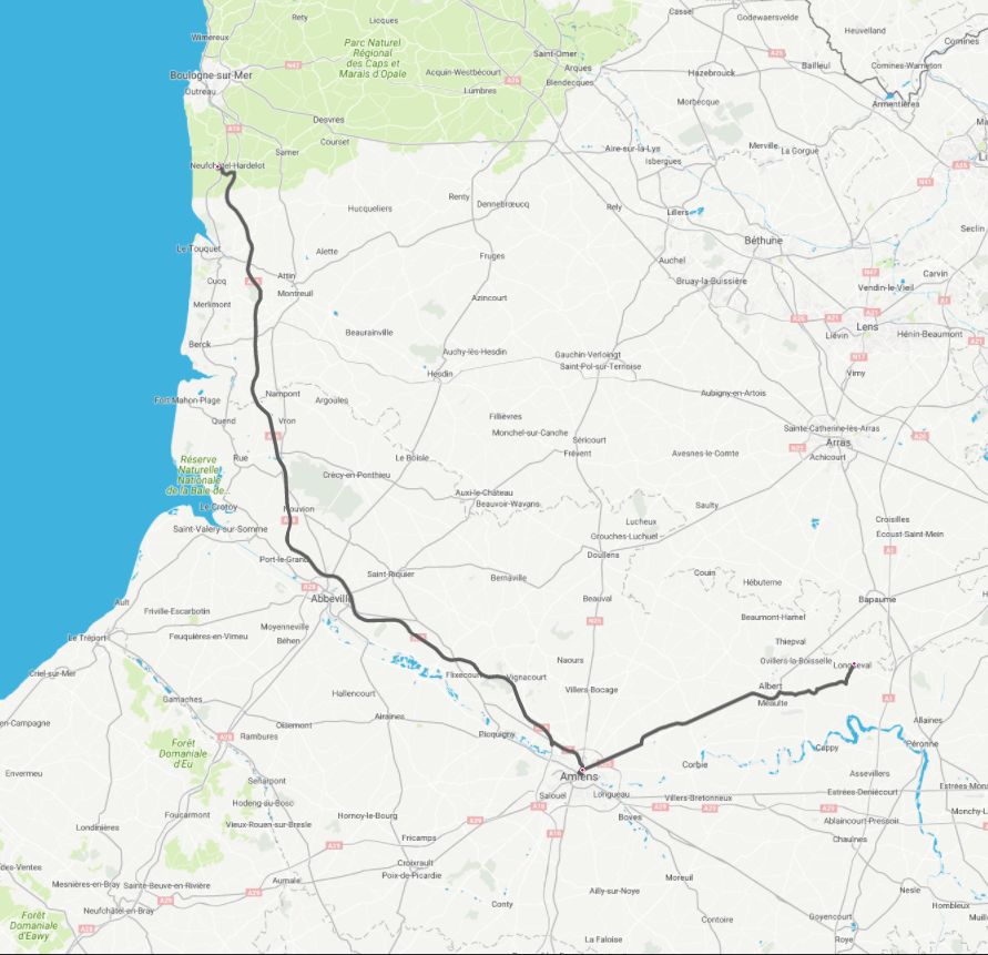 Map Hardelot-Amiens-Longueval