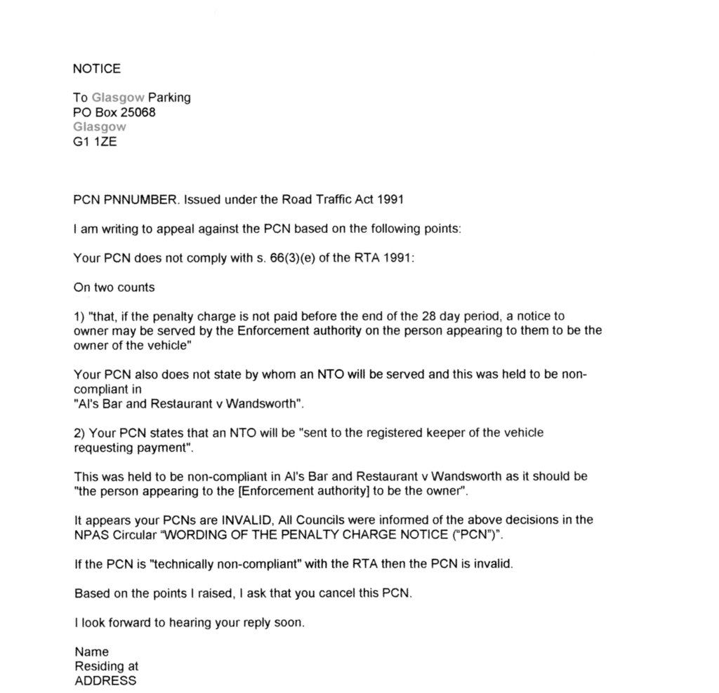 FightBack Forums > Glasgow - Penalty Charge Notice Not On Car Within Pcn Appeal Letter Template