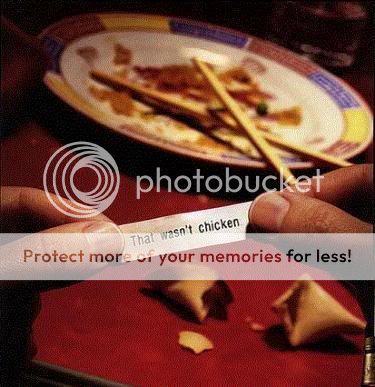 Fortune cookie says "THAT WASN'T CHICKEN" in front of the remains of a meal in the background